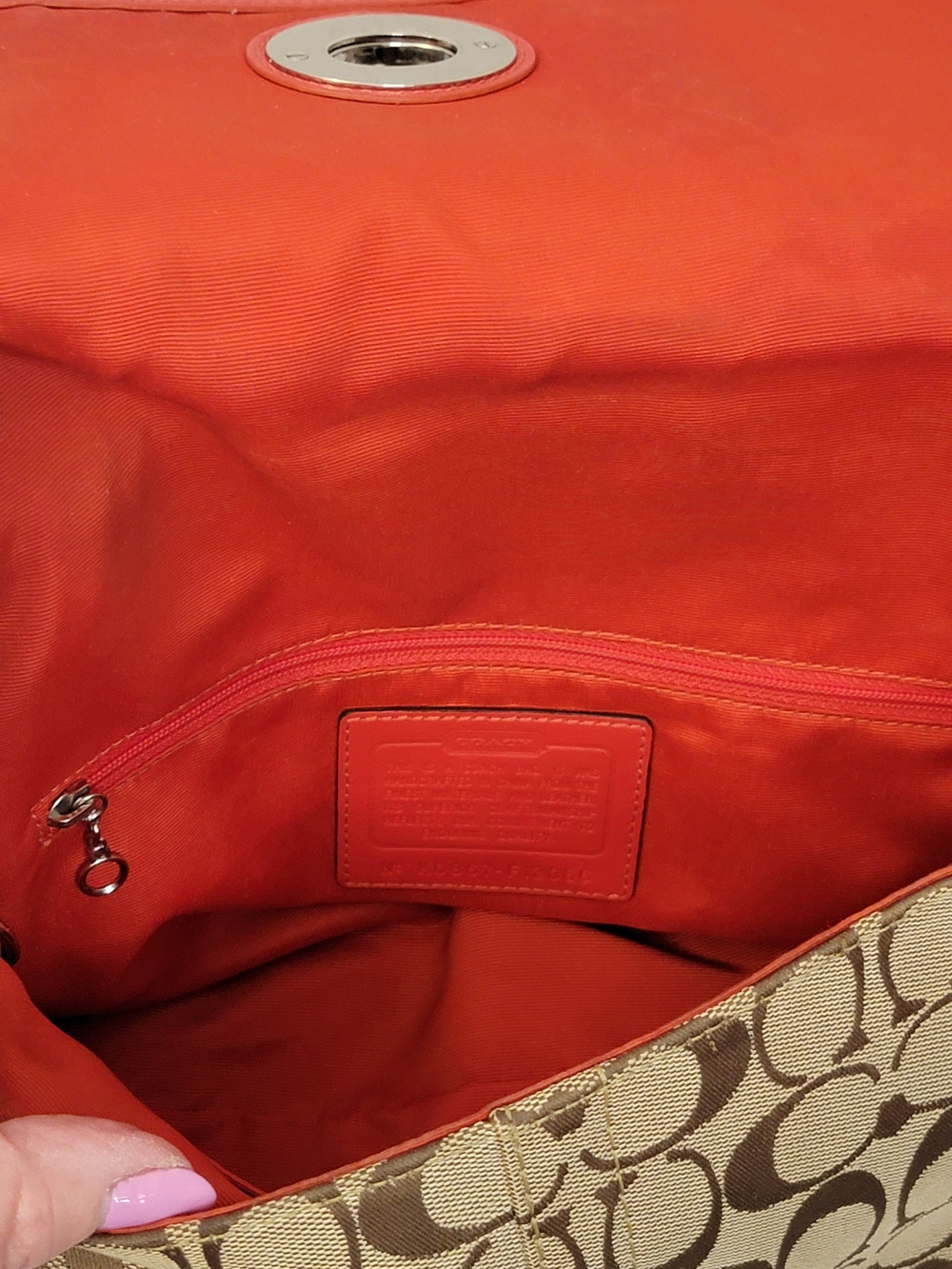 Coach Signature Canvas Crossbody in Tan and Orange Trim - Picture 13 of 15